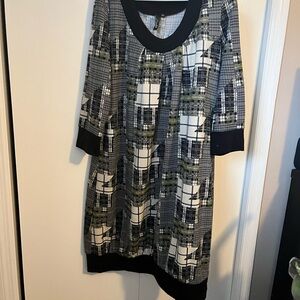 Essentials Checkered Long Sleeve Dress in Black, White, and Olive